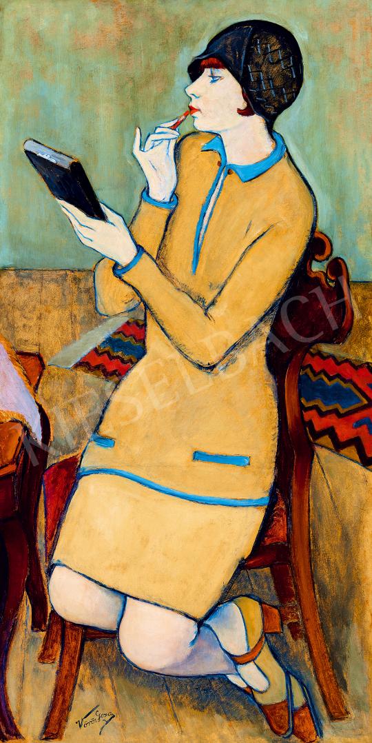  Vörös, Géza - Woman in Art Deco Dress Applying Lipstick, c. 1930 painting