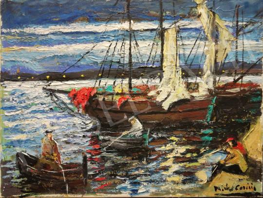 Corini Margit - Vitorlások a hajókikötőben festménye