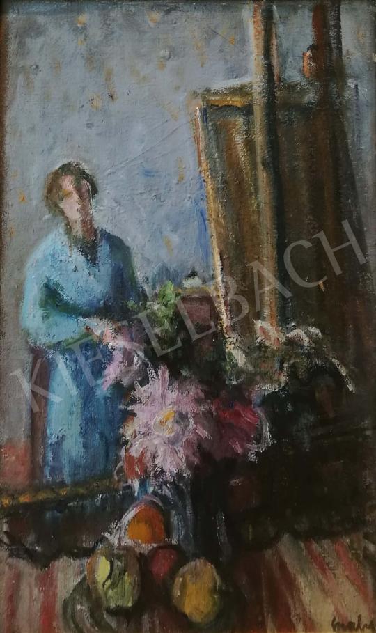 Gráber, Margit - Self-Portrait with Easel and Flowers painting