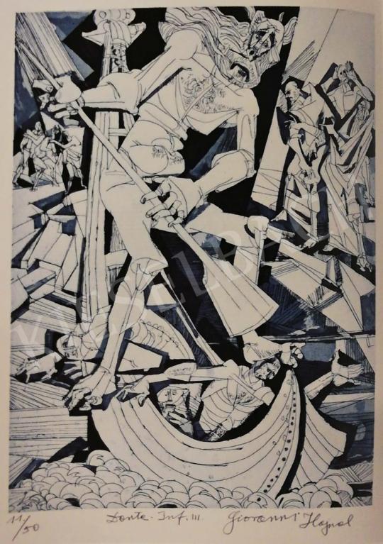 Hajnal János - Illusztráció, Dante: Isteni színjáték, Pokol III. ének, 1980-as évek festménye