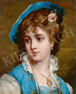 Bruck Lajos - Kék kalapos fiatal párizsi lány rózsával, 1877 
