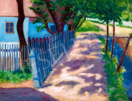 Tihanyi, Lajos, - Sunlit Street in Nagybánya with a Blue House, 1907 