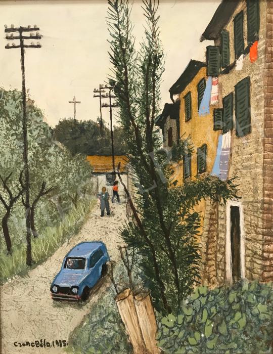  Czene Béla - Itáliai táj kék autóval, 1985 festménye