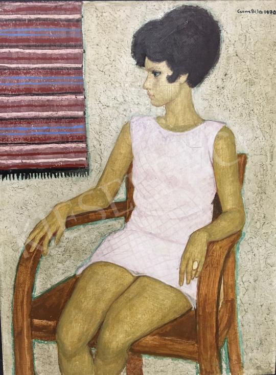  Czene Béla - Rózsaszín ruhás lány, 1970 festménye