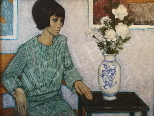 Czene Béla - Női portré virággal festménye