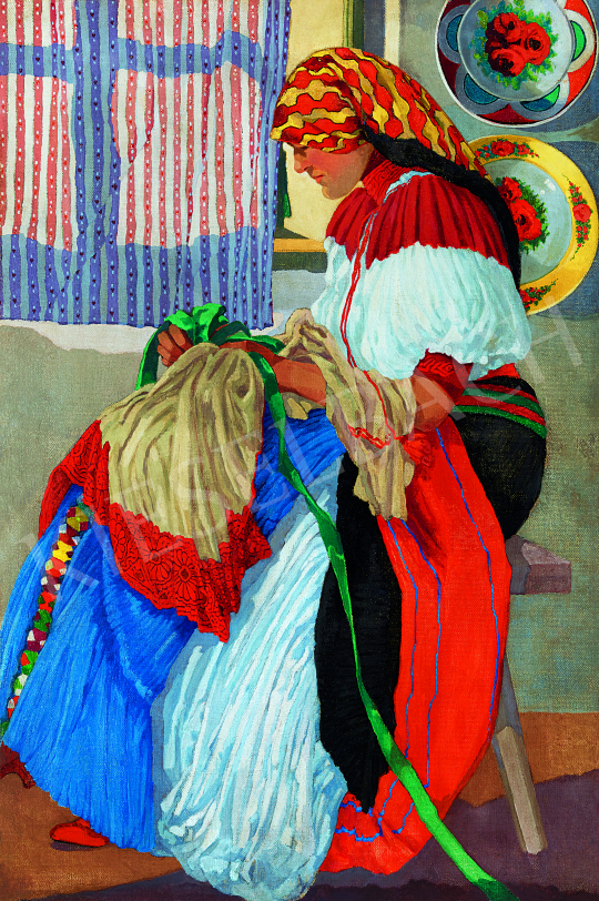  Faragó, Géza - Embroidering Girl, c. 1910 painting