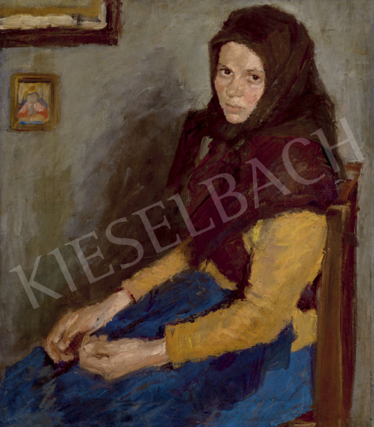 Fényes Adolf - Kendős kislány kék kötényben, 1900-as évek | 60. Téli Aukció aukció / 122 tétel