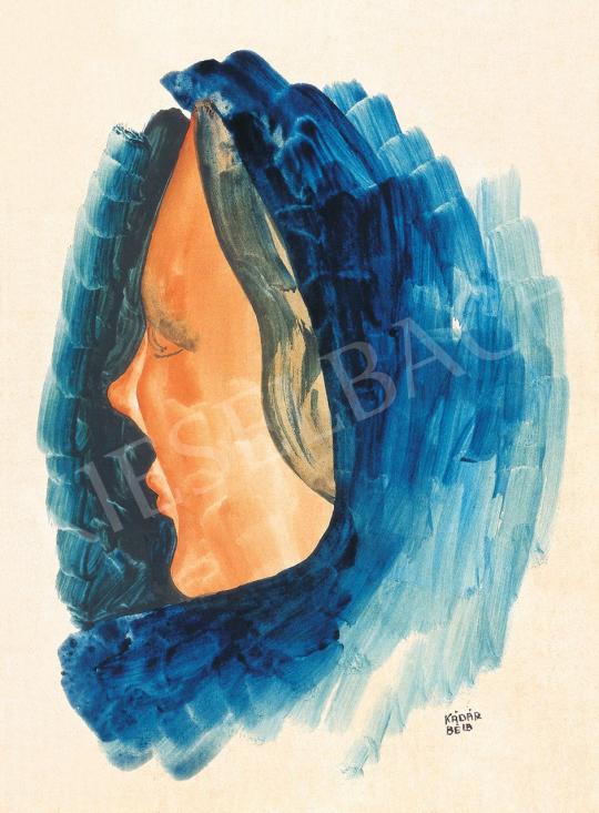  Kádár Béla - Kék kendős női fej festménye