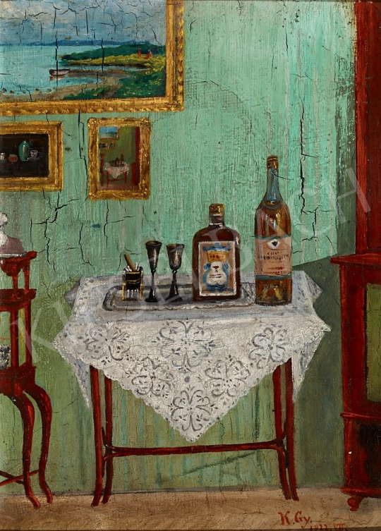 Eladó  Ismeretlen művész K.Gy. szignóval - Thonet asztalka italokkal, 1922 festménye
