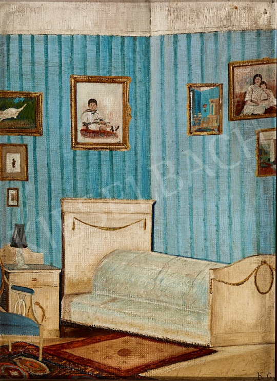 For sale  Unknown Painter with K.Gy. Sign - Blue Wallpaper in the Bedroom, c. 1920 's painting