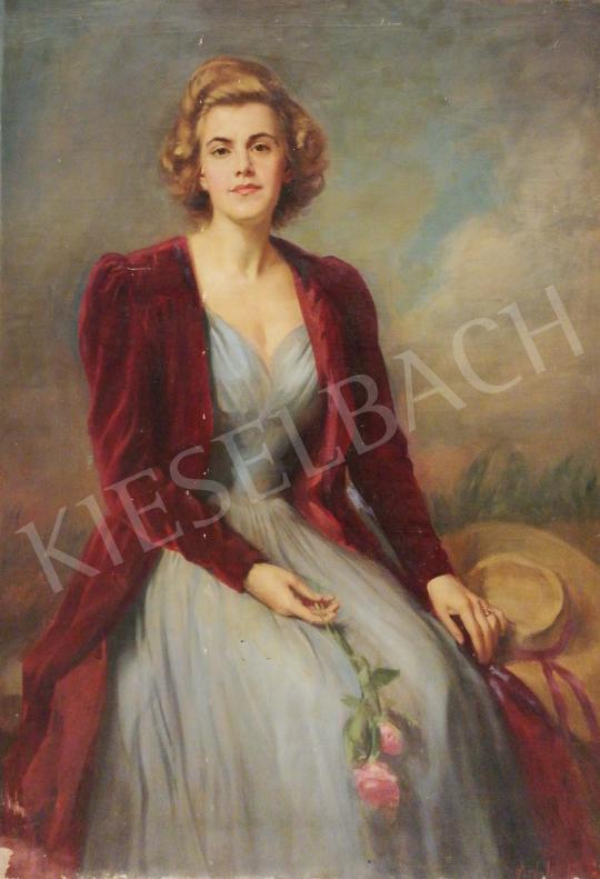 Eladó  Asztalos Gyula - Szőke hölgy vörös bársonykabátban festménye