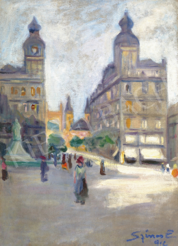 Színes Elemér - Klotild Paloták háttérben az Erzsébet híddal, 1912 