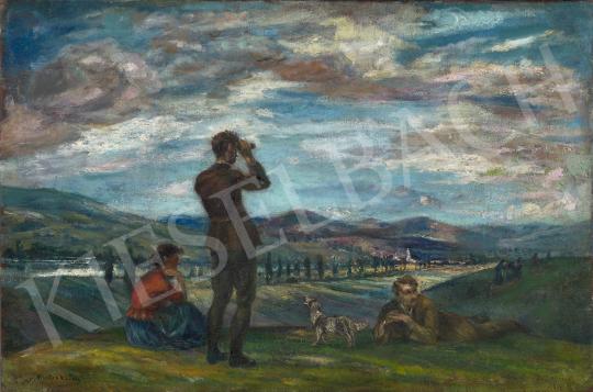  Kernstok, Károly - Hikers in the background with the landscape of Nyergesújfalu painting