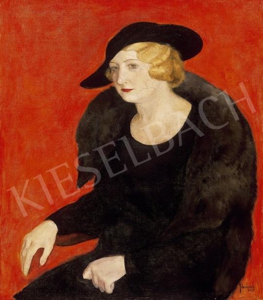  Jánosa Lajos - Fekete kalapos hölgy hermelinnel, vörös háttér előtt | 13. Aukció aukció / 77 tétel