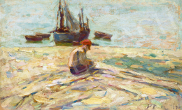  Perlmutter, Izsák - Dutch Coastline with Sailboat, 1898 