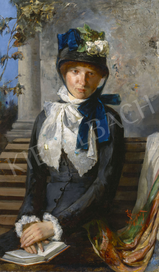 Eisenhut Ferenc - Fiatal lány kék szalaggal és könyvvel, 1882 | 62. Őszi Aukció aukció / 184 tétel