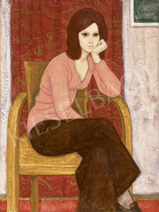 Czene Béla - Fotelben könyöklő lány vörös függöny előtt, 1974 | 62. Őszi Aukció aukció / 196 tétel