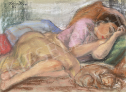 Róna Klára - Délutáni pihenés (Alvó lány macskával), 1956 