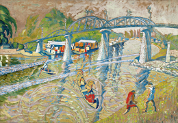  Scheiber Hugó - Újpesti híd (Folyóparton, Vasúti híd, Átjáró híd), 1921 körül 