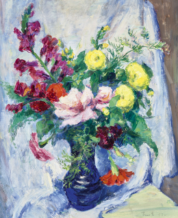 Vass, Elemér - Studio Flower Still Life with Light Blue Drapherie, 1930 