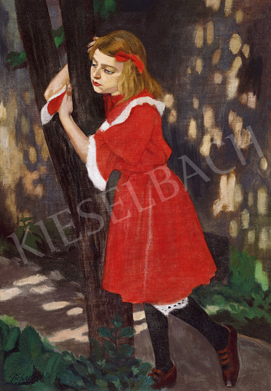 Tichy Gyula - Kislány piros ruhában (Kertben), 1910 körül | 63. Téli Aukció aukció / 157 tétel