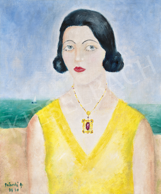  Peterdi Gábor - Sárga ruhás nő francia tengerparton(Torday Judit szavalóművésznő), 1930 | 63. Téli Aukció aukció / 163 tétel
