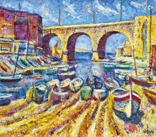  Vén Emil - Dél-Francia táj (Marseille-i halászkikötő viadukttal) | 63. Téli Aukció aukció / 182 tétel
