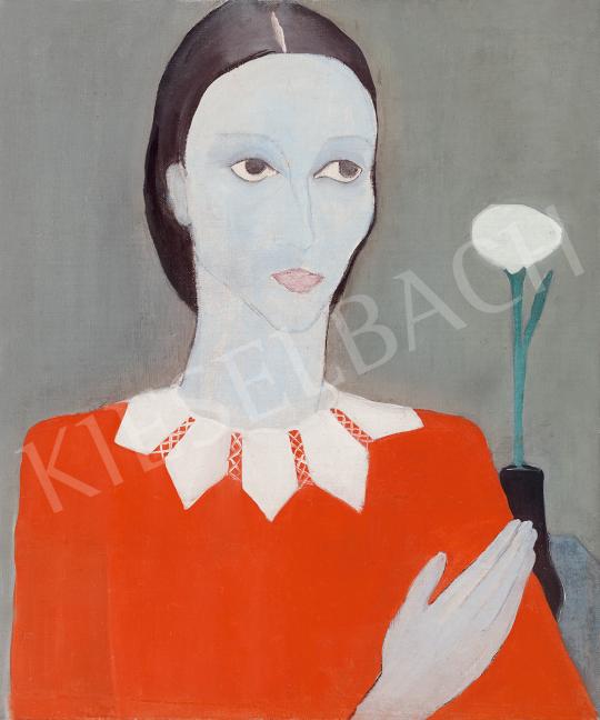 Vaszkó, Ödön - Woman in Red Dress with Flower, c. 1930 painting