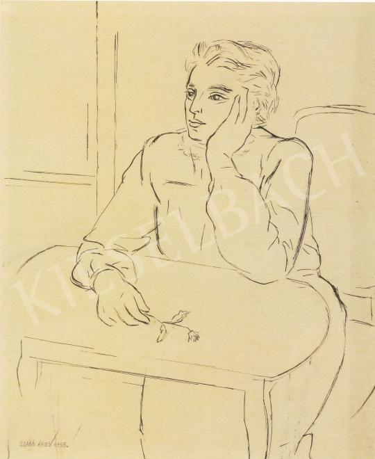  Szabó Ákos - Asztalon támaszkodó fiatal nő, 1955 festménye