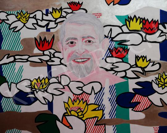Eladó  drMáriás - Dr. Kásler Miklós  tavirózsák között Roy Lichtenstein műtermében, 2020 festménye