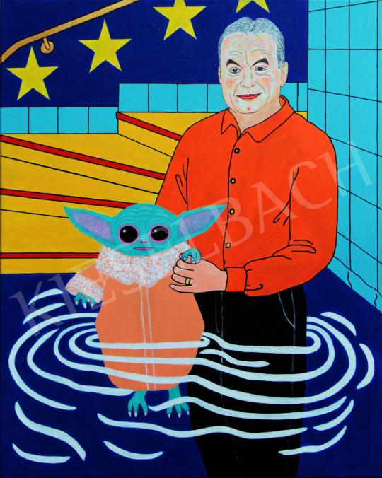  drMáriás - Orbán Viktor megvédi a koronavírustól Baby Yodát az Európai Parlamentben, 2020 festménye