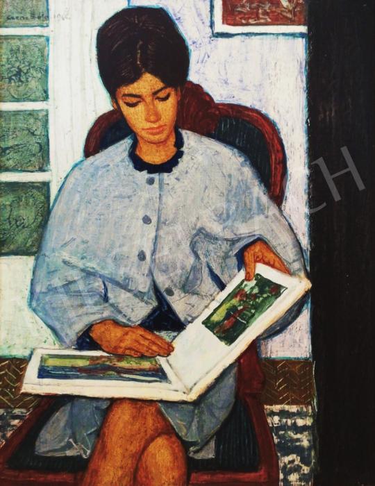  Czene Béla - Olvasó hölgy képeskönyvvel festménye