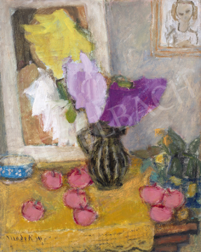  Modok Mária - Műtermi csendélet virággal, gyümölccsel és festménnyel | 64. Őszi Aukció aukció / 122 tétel