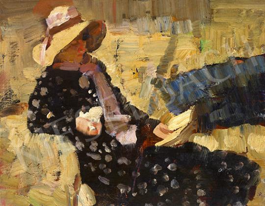 Szüle, Péter - Girl Reading in Dotted Dress, c. 1920 painting