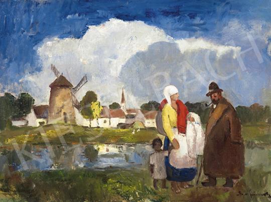  Iványi Grünwald Béla - Magyar táj szélmalommal, 1930-as évek festménye