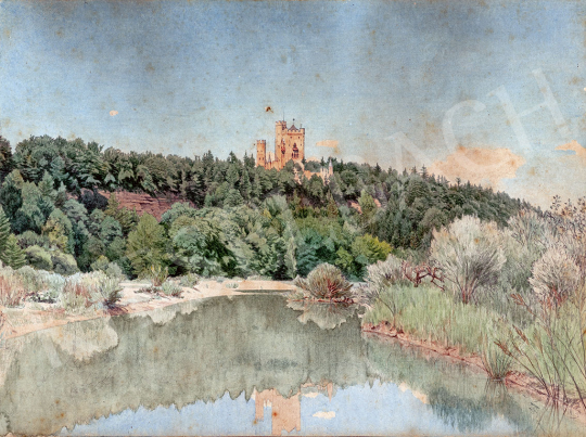 Gundelfinger, Gyula - Riverbank with Castle, around 1870 painting