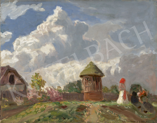  Iványi Grünwald, Béla - Landscape of Baia Mare with Sunny Clouds (The Red Umbrella), early 1900’s painting