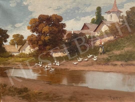 Neogrády, László - Village Girl with Geese and Mirrored Stream painting