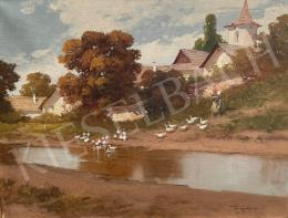 Neogrády, László - Village Girl with Geese and Mirrored Stream 