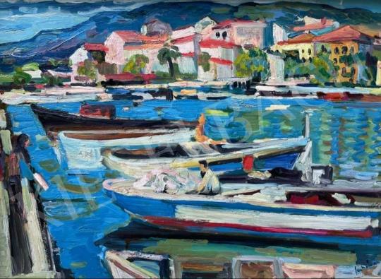 Schéner Mihály - Mediterrán kikötő csónakokkal festménye