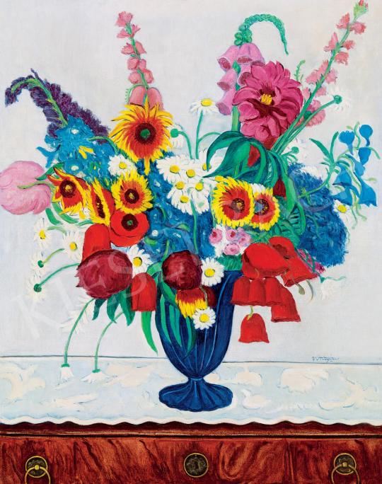 For sale  Vörös, Géza - Still Life with Flowers in Blue Art Deco Vase, 1930's 's painting