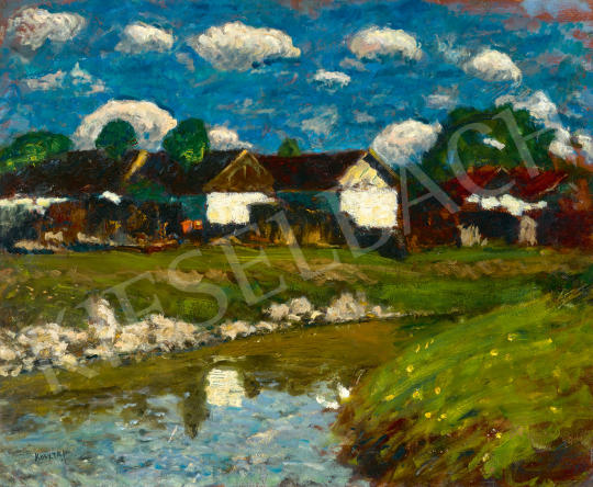  Koszta József - Házak a patakparton, 1920-as évek festménye
