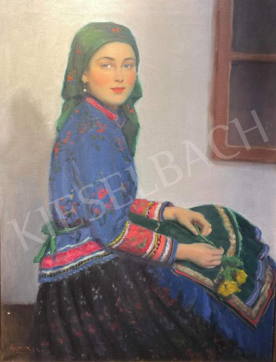 Áldor, János László - Girl in Blue Traditional Costume with Yellow Rose, 1938 painting