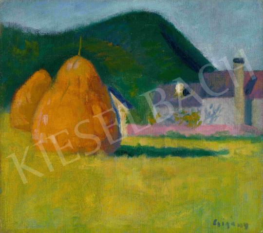  Czigány, Dezső - Landscape with Haystacks in Nagybanya, Kereszthegy in background, 1900 painting