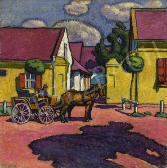 Pechán József - Napfényes utca lovasfogattal, 1911 körül festménye
