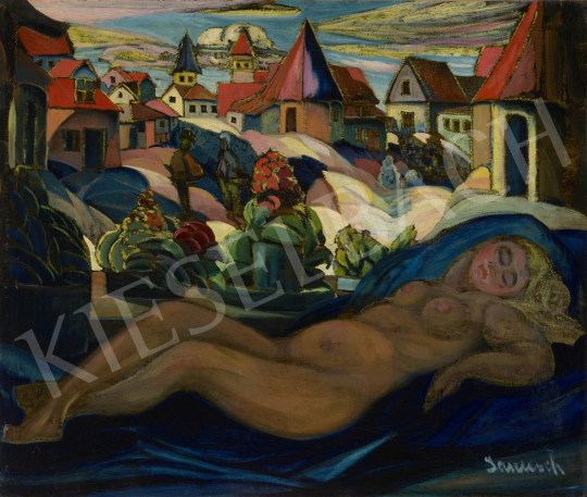  Jaszusch, Antal (Jasszus Antal) - Model with a Town in the Background, 1910s painting