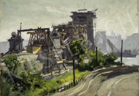  Edvi Illés, Aladár - The Rebuilding of the Chain Bridge, 1948 painting