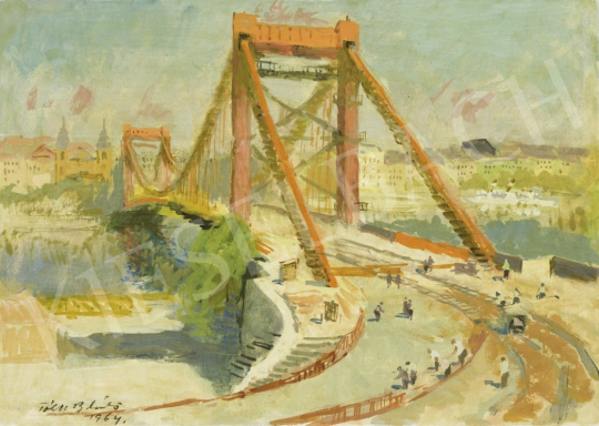 Tóth B. László - Az új Erzsébet-híd építése (Mínium, szocializmus, felhajtó-lehajtó), 1964 festménye