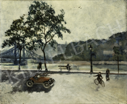  Unknown Hungarian painter with an unreadable sign - Budapest Scene with Car and Hotel Gellért in the Background, 1937 painting