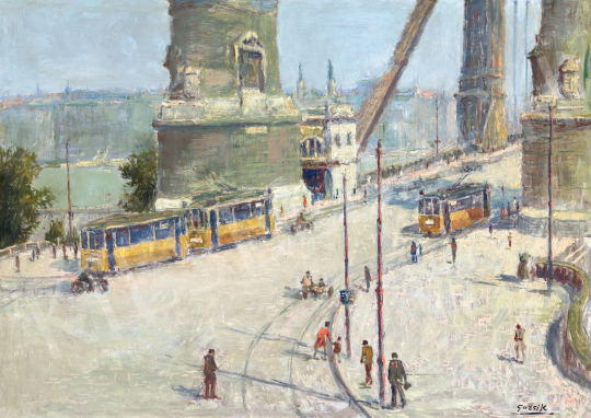 Guzsik, Ödön - Trams on the old Elizabeth Bridge, c. 1935 | 66th Auction auction / 14 Lot